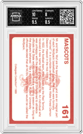 Mascots from the 1989 Collegiate Collection North Carolina's Finest set graded by Arena Club and given an overall grade of 8.5.