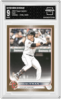 Steven Kwan from the 2022 Topps Update  set featuring a Gold parallel graded by Arena Club and given an overall grade of 9.