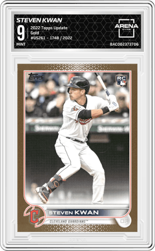 Steven Kwan from the 2022 Topps Update  set featuring a Gold parallel graded by Arena Club and given an overall grade of 9.