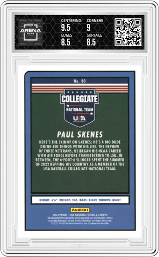 Paul Skenes from the 2023 Panini USA Baseball Stars & Stripes set graded by Arena Club and given an overall grade of 9.