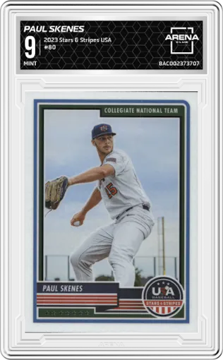 Paul Skenes from the 2023 Panini USA Baseball Stars & Stripes set graded by Arena Club and given an overall grade of 9.