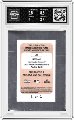 Will Smith from the 2022 Topps  Series 1 set featuring a Printing Plate Magenta parallel graded by Arena Club and given an overall grade of 4.