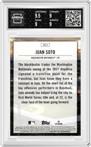 Juan Soto from the 2022 Topps  Series 1 set graded by Arena Club and given an overall grade of 9.
