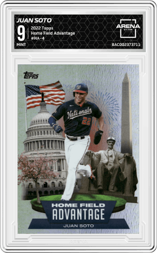 Juan Soto from the 2022 Topps  Series 1 set graded by Arena Club and given an overall grade of 9.