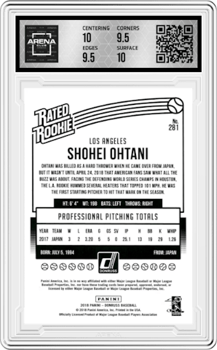 Shohei Ohtani from the 2018 Panini Donruss set graded by Arena Club and given an overall grade of 10.