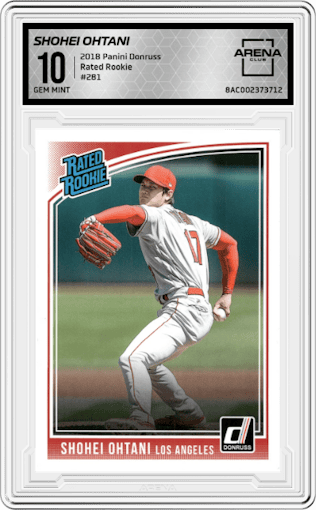 Shohei Ohtani from the 2018 Panini Donruss set graded by Arena Club and given an overall grade of 10.