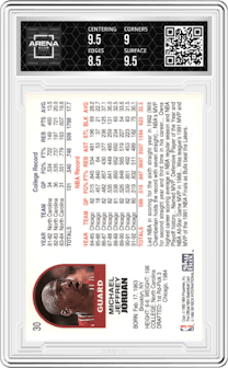 Michael Jordan from the 1992-93 NBA Hoops set graded by Arena Club and given an overall grade of 9.