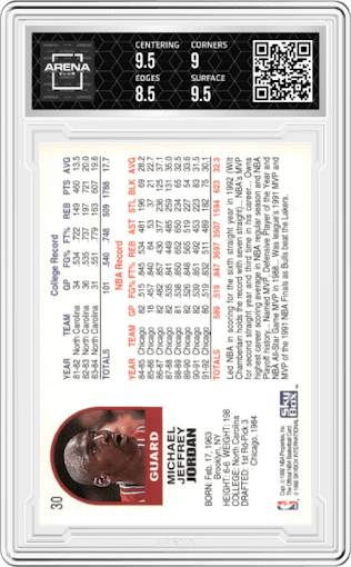 Michael Jordan from the 1992-93 NBA Hoops set graded by Arena Club and given an overall grade of 9.