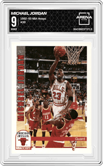 Michael Jordan from the 1992-93 NBA Hoops set graded by Arena Club and given an overall grade of 9.
