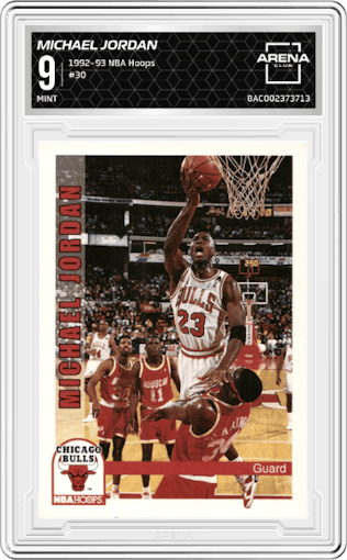 Michael Jordan from the 1992-93 NBA Hoops set graded by Arena Club and given an overall grade of 9.