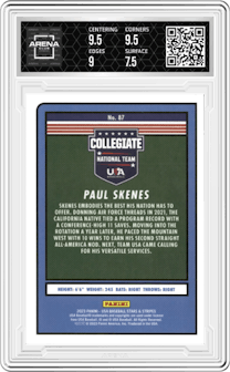 Paul Skenes from the 2023 Panini USA Baseball Stars & Stripes set graded by Arena Club and given an overall grade of 8.