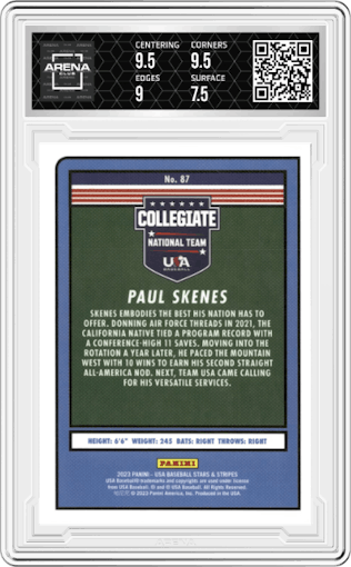 Paul Skenes from the 2023 Panini USA Baseball Stars & Stripes set graded by Arena Club and given an overall grade of 8.