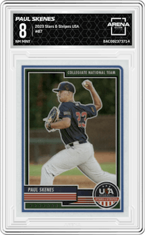 Paul Skenes from the 2023 Panini USA Baseball Stars & Stripes set graded by Arena Club and given an overall grade of 8.