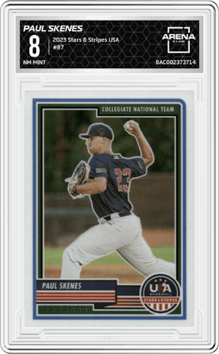 Paul Skenes from the 2023 Panini USA Baseball Stars & Stripes set graded by Arena Club and given an overall grade of 8.
