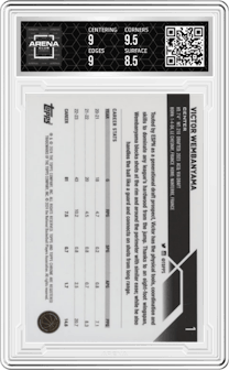 Victor Wembanyama from the 2023-24 Topps Chrome set graded by Arena Club and given an overall grade of 9.
