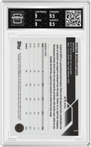 Victor Wembanyama from the 2023-24 Topps Chrome set graded by Arena Club and given an overall grade of 9.