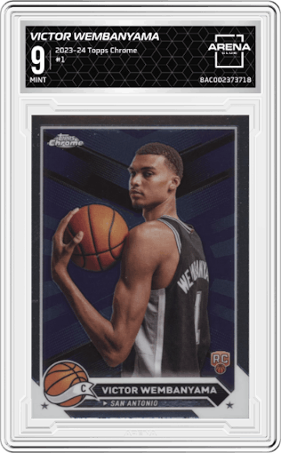 Victor Wembanyama from the 2023-24 Topps Chrome set graded by Arena Club and given an overall grade of 9.
