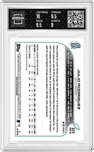 Julio Rodriguez from the 2022 Topps Series 2 set graded by Arena Club and given an overall grade of 9.5.