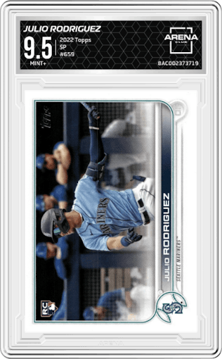Julio Rodriguez from the 2022 Topps Series 2 set graded by Arena Club and given an overall grade of 9.5.