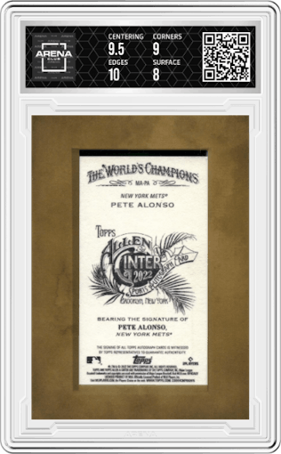 Pete Alonso from the 2022 Topps Allen & Ginter set graded by Arena Club and given an overall grade of 8.5.