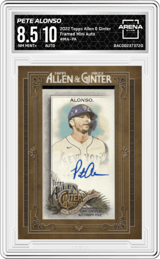 Pete Alonso from the 2022 Topps Allen & Ginter set graded by Arena Club and given an overall grade of 8.5.
