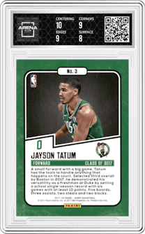 Jayson Tatum from the 2017-18 Panini NBA Hoops set graded by Arena Club and given an overall grade of 8.5.