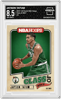 Jayson Tatum from the 2017-18 Panini NBA Hoops set graded by Arena Club and given an overall grade of 8.5.