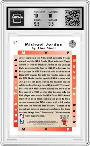 Michael Jordan from the 1992-93 Upper Deck  set graded by Arena Club and given an overall grade of 10.