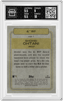 Shohei Ohtani from the 2022 Topps Heritage High Number set graded by Arena Club and given an overall grade of 9.5.