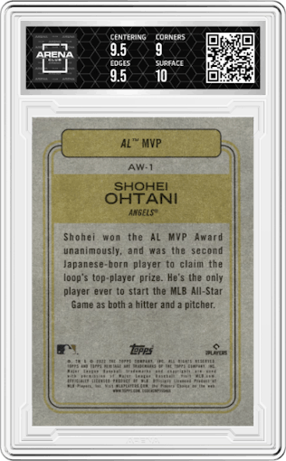 Shohei Ohtani from the 2022 Topps Heritage High Number set graded by Arena Club and given an overall grade of 9.5.