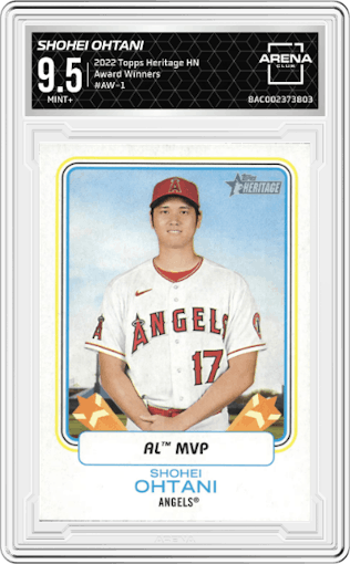 Shohei Ohtani from the 2022 Topps Heritage High Number set graded by Arena Club and given an overall grade of 9.5.