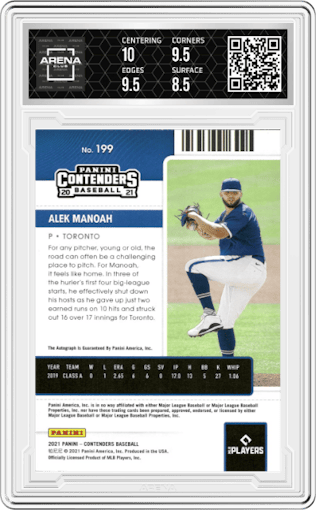 Alek Manoah from the 2021 Panini Contenders set featuring a Building Blocks Ticket parallel graded by Arena Club and given an overall grade of 9.