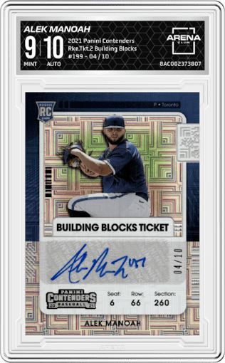 Alek Manoah from the 2021 Panini Contenders set featuring a Building Blocks Ticket parallel graded by Arena Club and given an overall grade of 9.