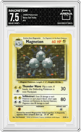 Magneton from the 1999 Pokemon set graded by Arena Club and given an overall grade of 7.5.