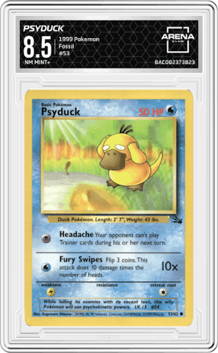 Psyduck from the 1999 Pokemon set graded by Arena Club and given an overall grade of 8.5.