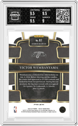 Victor Wembanyama from the 2023-24 Panini Select  set featuring a Blue Cracked Ice parallel graded by Arena Club and given an overall grade of 9.5.