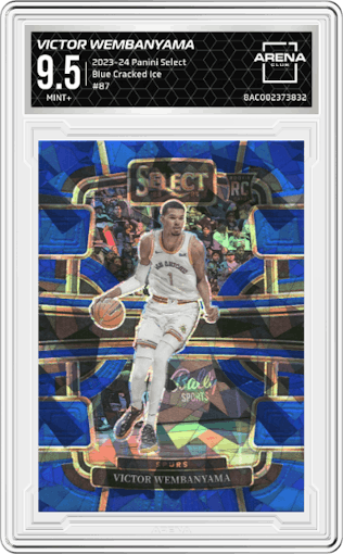 Victor Wembanyama from the 2023-24 Panini Select  set featuring a Blue Cracked Ice parallel graded by Arena Club and given an overall grade of 9.5.