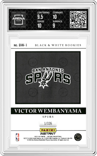 Victor Wembanyama from the 2023-24 Panini Instant NBA set graded by Arena Club and given an overall grade of 9.5.