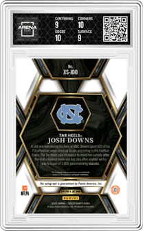 Josh Downs from the 2023 Panini Select Draft Picks set featuring a Silver Prizm parallel graded by Arena Club and given an overall grade of 9.5.