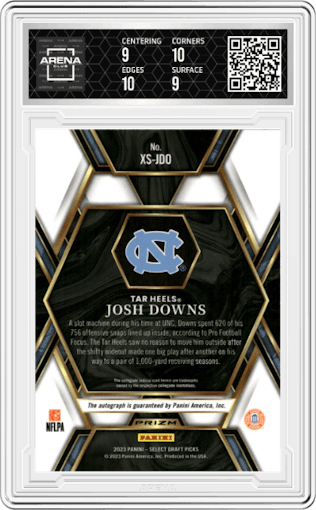 Josh Downs from the 2023 Panini Select Draft Picks set featuring a Silver Prizm parallel graded by Arena Club and given an overall grade of 9.5.