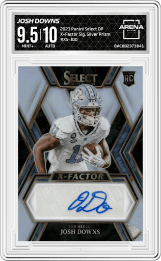 Josh Downs from the 2023 Panini Select Draft Picks set featuring a Silver Prizm parallel graded by Arena Club and given an overall grade of 9.5.