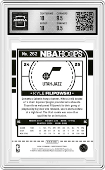 Kyle Filipowski from the 2024-25 Panini NBA Hoops set featuring a Pulsar Blue Prizms Premium parallel graded by Arena Club and given an overall grade of 10.