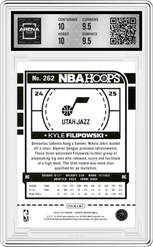 Kyle Filipowski from the 2024-25 Panini NBA Hoops set featuring a Pulsar Blue Prizms Premium parallel graded by Arena Club and given an overall grade of 10.