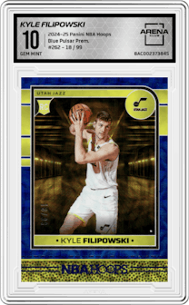 Kyle Filipowski from the 2024-25 Panini NBA Hoops set featuring a Pulsar Blue Prizms Premium parallel graded by Arena Club and given an overall grade of 10.