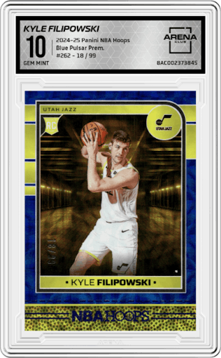 Kyle Filipowski from the 2024-25 Panini NBA Hoops set featuring a Pulsar Blue Prizms Premium parallel graded by Arena Club and given an overall grade of 10.