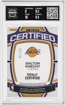 Dalton Knecht from the 2024-25 Panini Totally Certified set graded by Arena Club and given an overall grade of 8.5.
