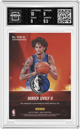 Dereck Lively II from the 2023-24 Panini NBA Hoops set graded by Arena Club and given an overall grade of 9.5.