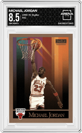 Michael Jordan  from the 1990-91 SkyBox  set graded by Arena Club and given an overall grade of 8.5.