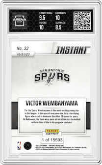 Victor Wembanyama from the 2023-24 Panini Instant NBA set graded by Arena Club and given an overall grade of 9.