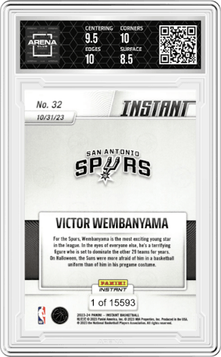 Victor Wembanyama from the 2023-24 Panini Instant NBA set graded by Arena Club and given an overall grade of 9.